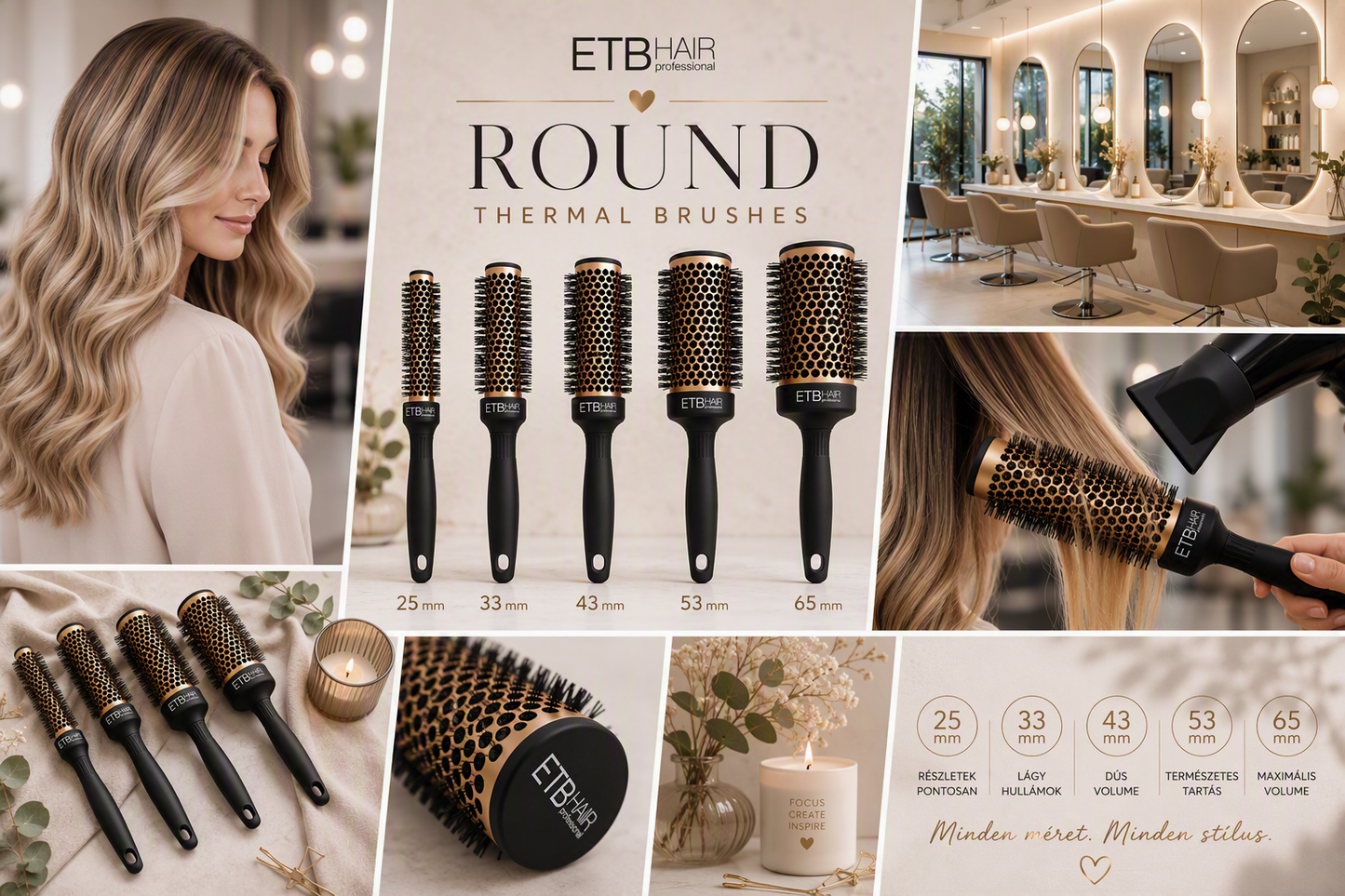 ETB Hair Professional Round Brush with Ceramic Coating and Heat-Resistant, Anti-Static Bristles 25 mm